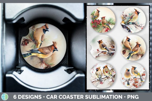 Christmas Cedar Waxwing Car Coaster Illustration