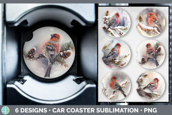 Christmas Pine Grosbeak Car Coaster Illustration