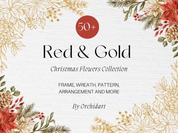 Red Gold Christmas Flowers Collection Illustrations